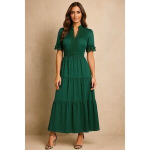 Max Studio Maxi Dress Women M Green Polka Dot Floral Lace Tiered Prairie Elegant